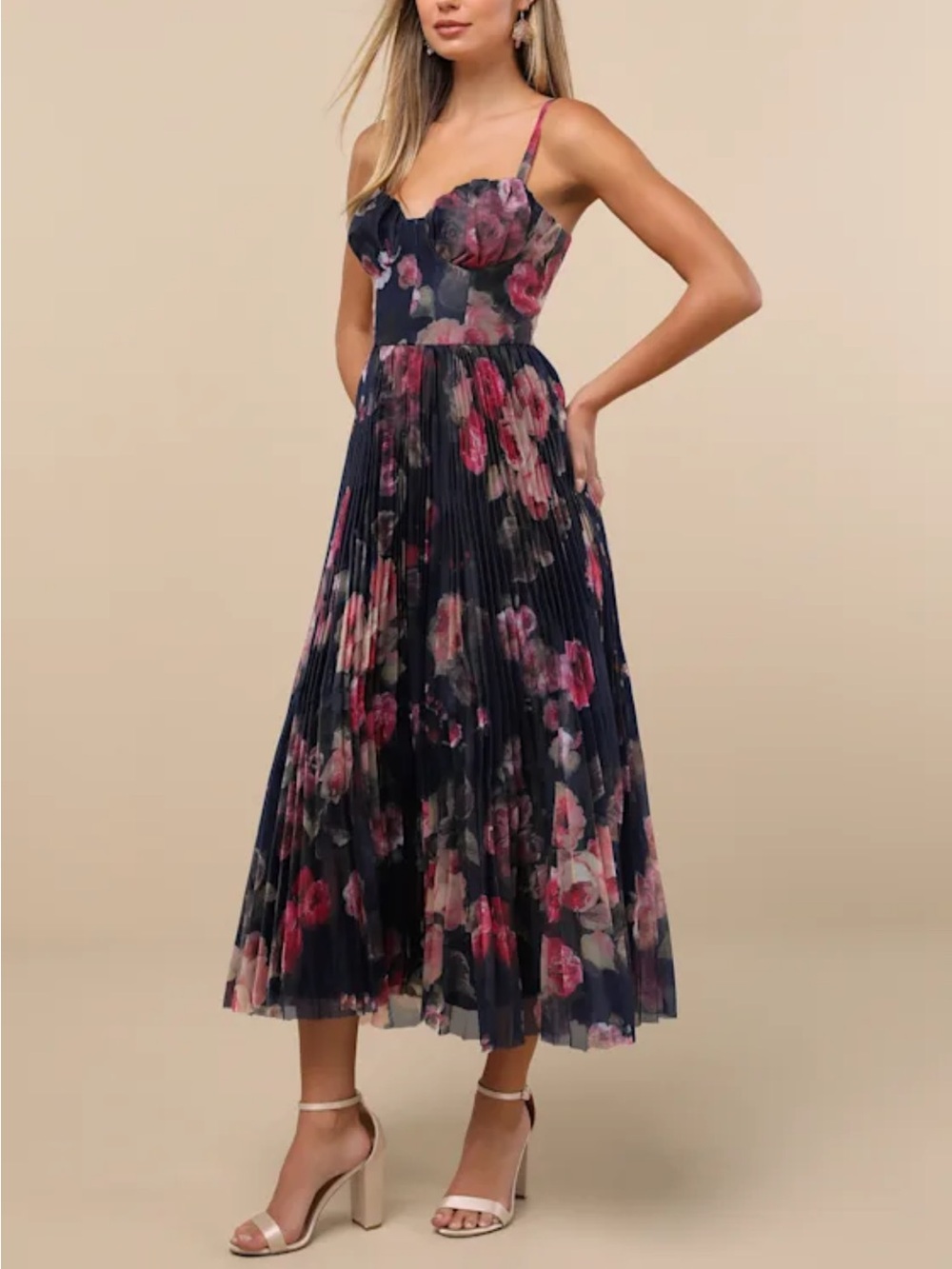 Lulus Alluring Invite Midnight Blue Floral Pleated Bustier Midi Dress XS - Picture 2 of 13